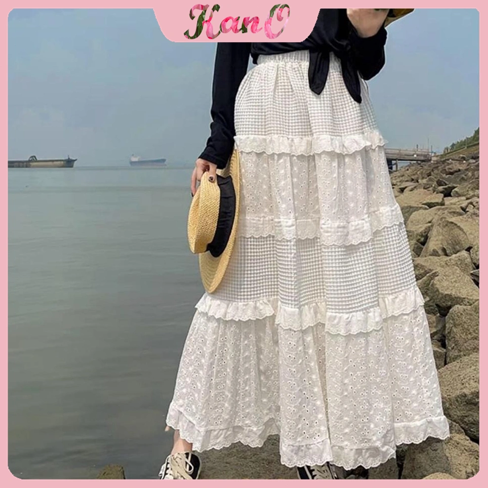 KANO Rok Putih Renda Pinggang Tinggi Kualitas Tinggi Impor Baru Korea Selatan Gaun Prom Rok Kue Skirt A-line Longgar Wanita