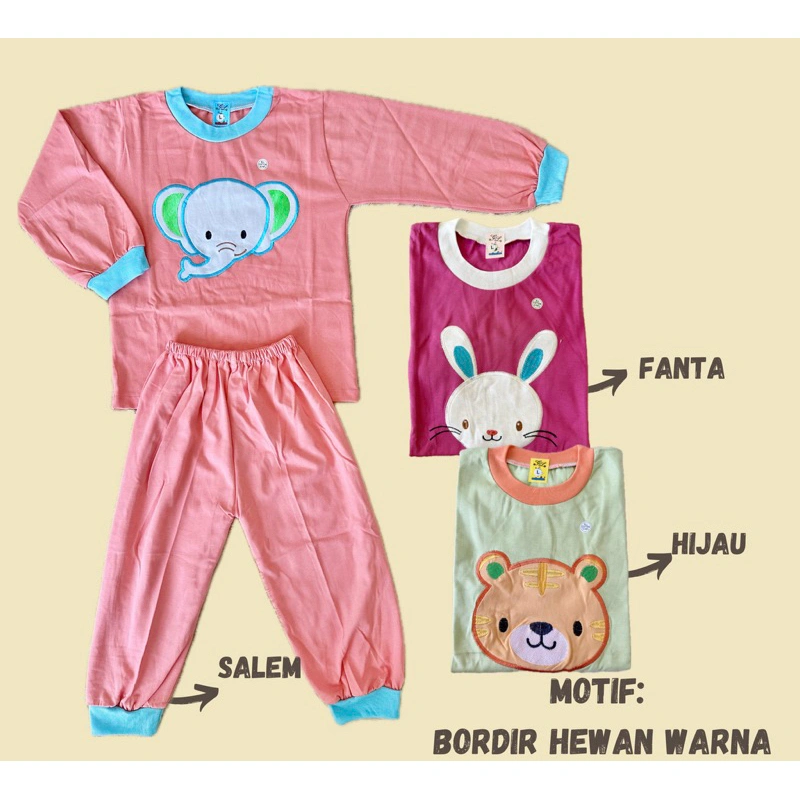 OBRAL! PIYAMA PANJANG ANAK BORDIR WARNA SIZE L 3-4 TAHUN