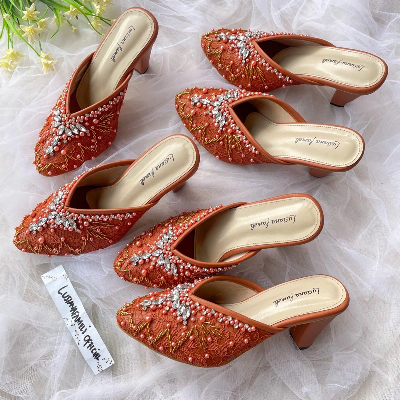 Hazel | Heels pengantin 25 warna hak datar sampai 7 cm sepatu payet pesta shoes wedding sendal wanita selop payet wedding shoes sepatu pesta platfoam lace sepatu payet hak tahu terra cotta