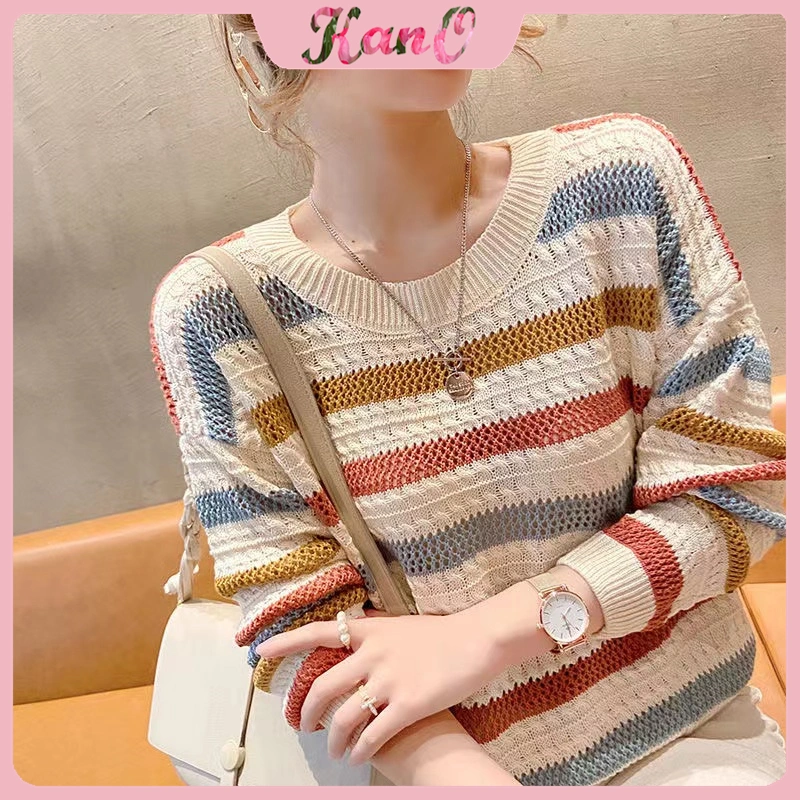 Kano Top Knit Import Sweater - Atasan Wanita Rajut Jaring Import Stripes