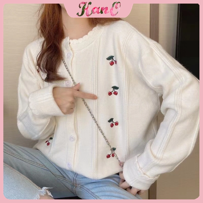 KANO Cardigan Knit Cute Soft Cardigan Rajut Motif Cherry Outer Knit Cardigan Korea Premium