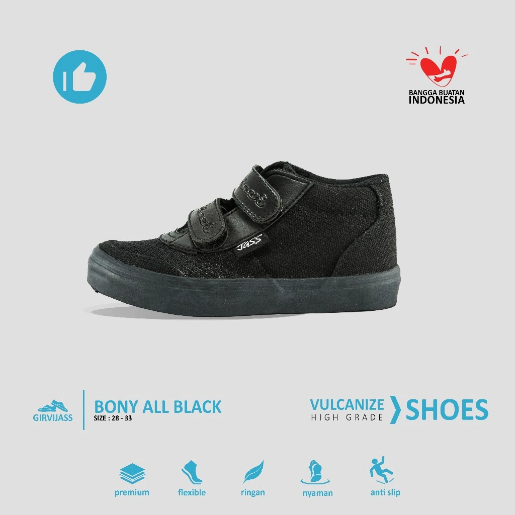 GIRVI Bony Sepatu Anak Jass Kanvas Vulcanized Perekat Hitam Polos Ukuran 28–33