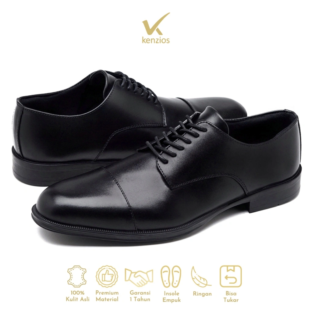 Kenzios BASE Capt Derby Black Sepatu Kerja Formal Pria Kulit Asli