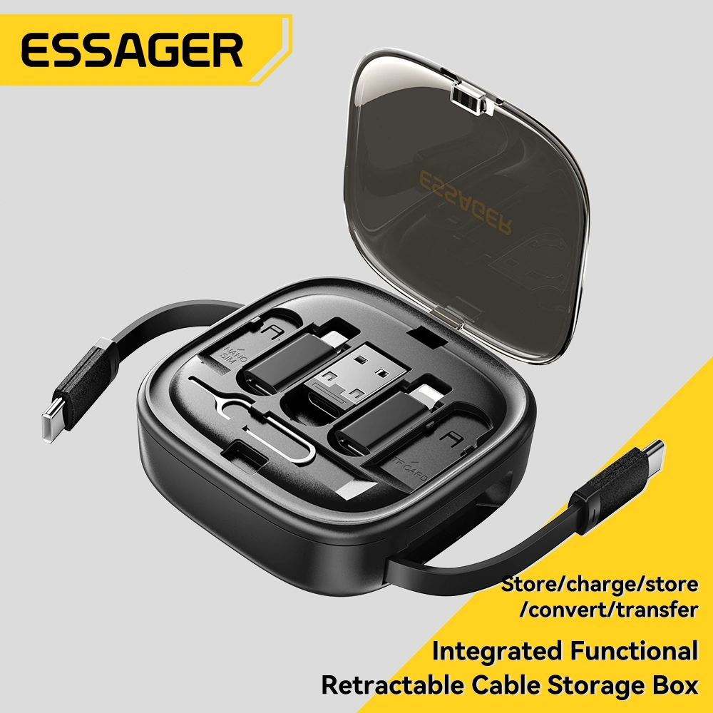 ESSAGER Usb C To Tpye C Cable PD 60W To Micro Lightning Fast Charging Travel Multi Functional Cord With Holder Storage Box Charger