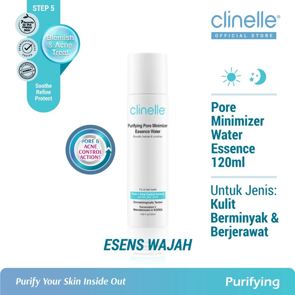 (Pre Order 7 Hari) CLINELLE Purifying Pore Minimizer Essence Water 120ml - Esens Wajah untuk Kulit Berminyak / Jerawat / Berpori  Meredakan Jerawat Mengontrol Sebum [ AHA BHA PHA | Double Tea Tree | Willow Bark Extract ]