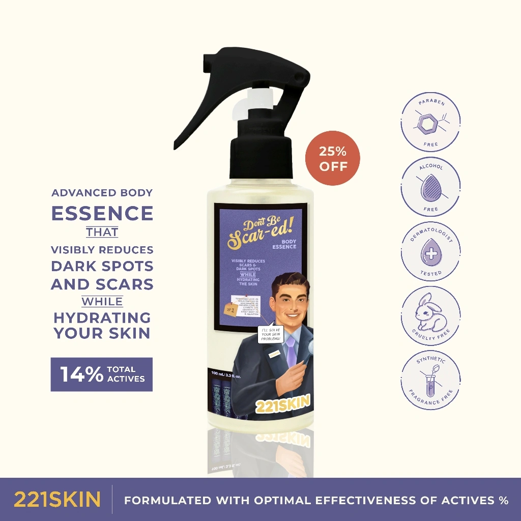 221SKIN Body Essence Spray + 14% Actives For Dark Spot & Scars 100ML / Penghilang Bekas Luka Hitam / Memudarkan bekas Jerawat / Koreng / Bekas Cacar Gigitan Nyamuk / Darkspot Serum / Body Oil / AHA BHA Body Serum / Body Lotion / Eksim / E