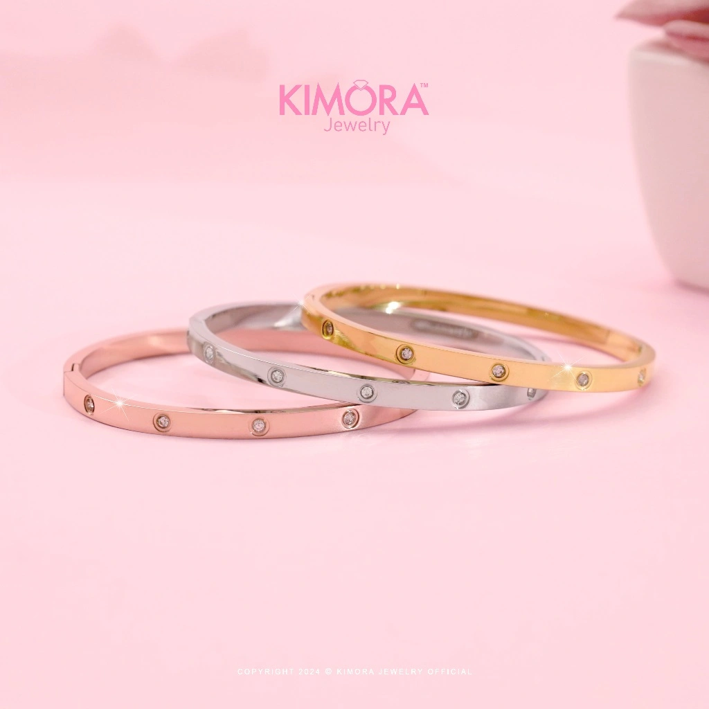 Kimora - Gelang Bangle C Slim 4mm Titanium Wanita Carrie Full Mata Gold Plated 18k Gtt88