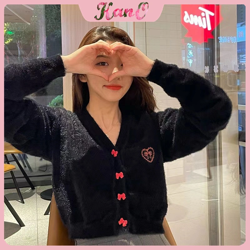 KANO Cardigan Crop Top Cute Button Pita Kupu-Kupu Outer Cardigan Bulu Motif Love Premium Cardigan Bulu