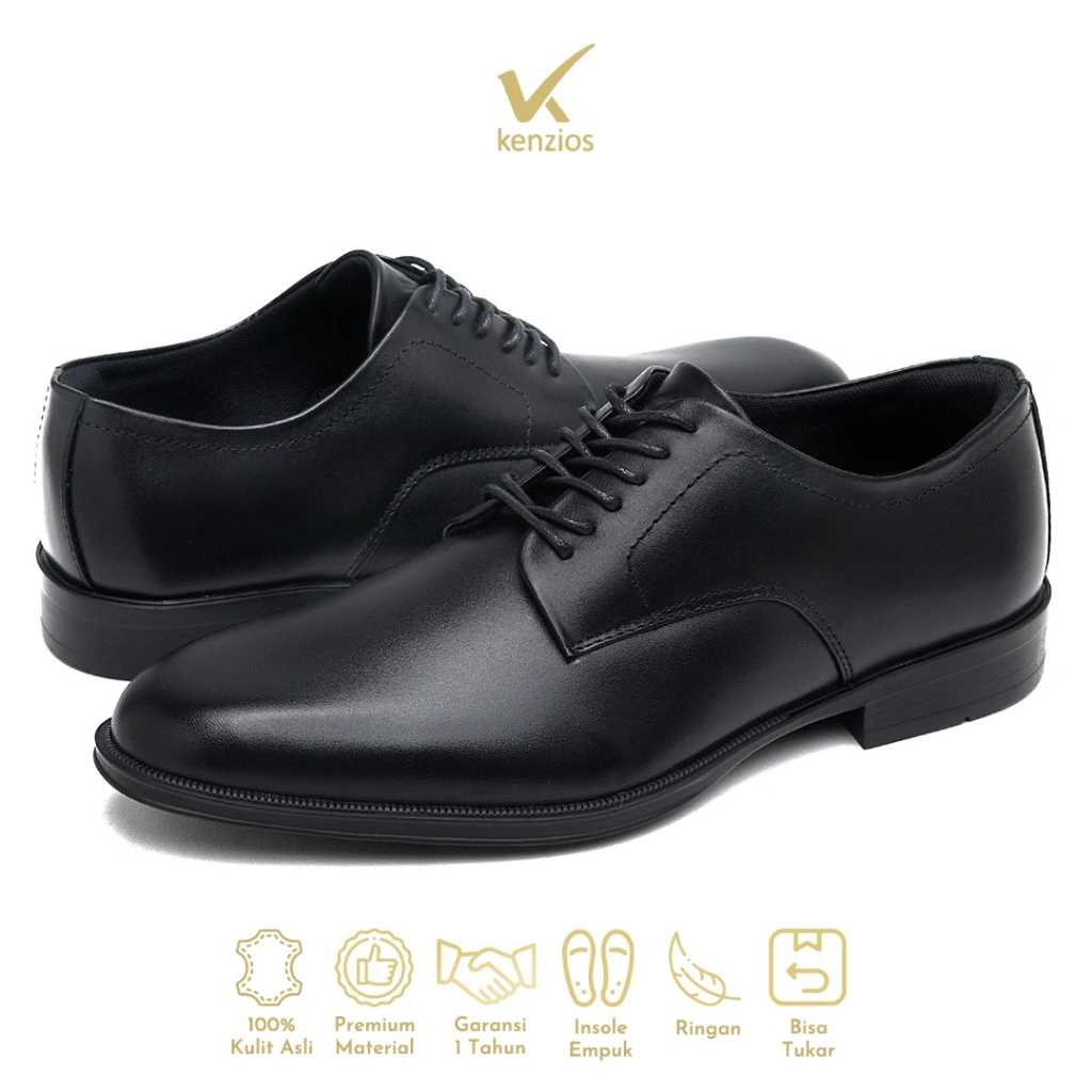Kenzios BASE Derby Black Sepatu Kerja Formal Pria Kulit Asli