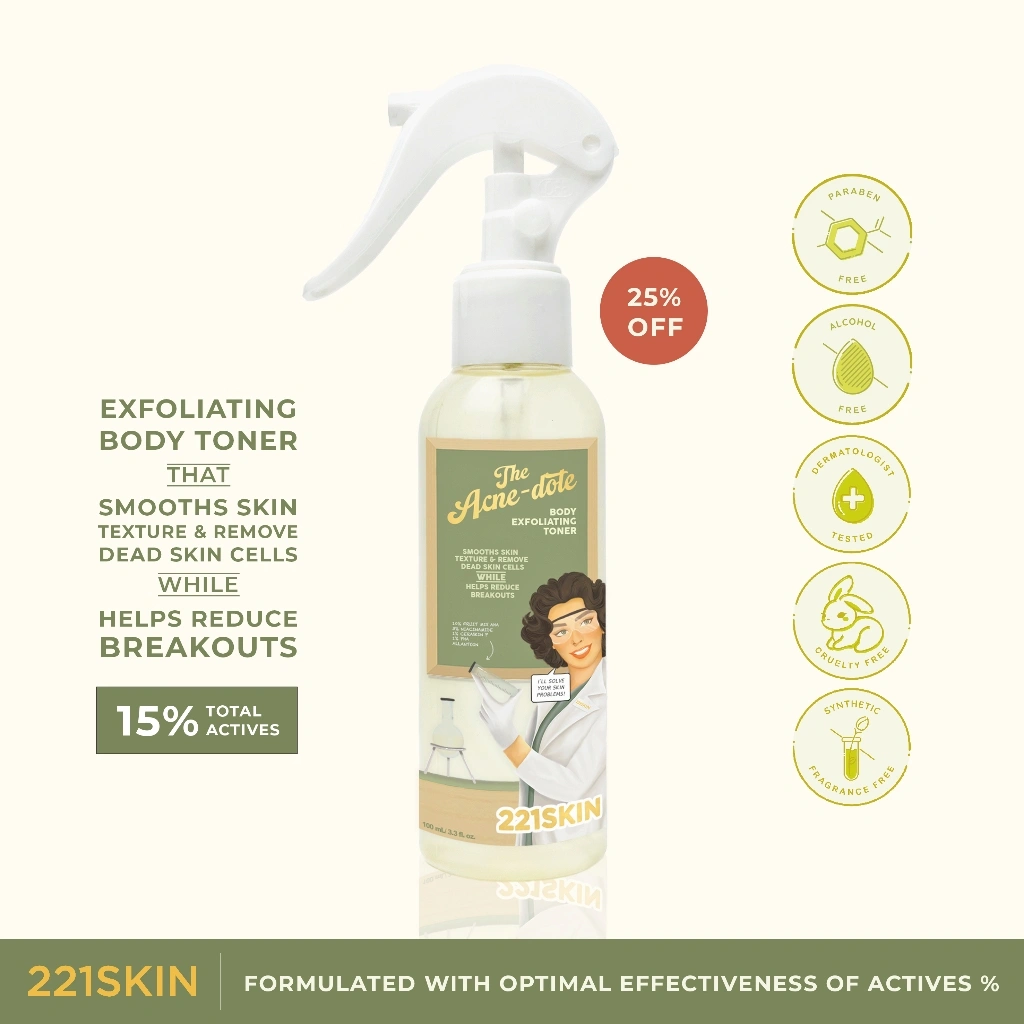221SKIN Body Exfoliating Spray + 15% Actives For Acne & Breakouts 100ML / AHA BHA / Exfo Penghilang Jerawat /  Chicken Skin / Keratosis Pilaris / Exfoliate Jerawat Punggung / Back Acne / Body Serum / Scrub / Backne / Bacne / Salicyl