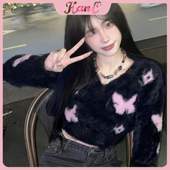KANO Sweater Bulu Motif Kupu-Kupu Outer Bulu V Neck Wanita Cardigan Bulu Crop Street Style