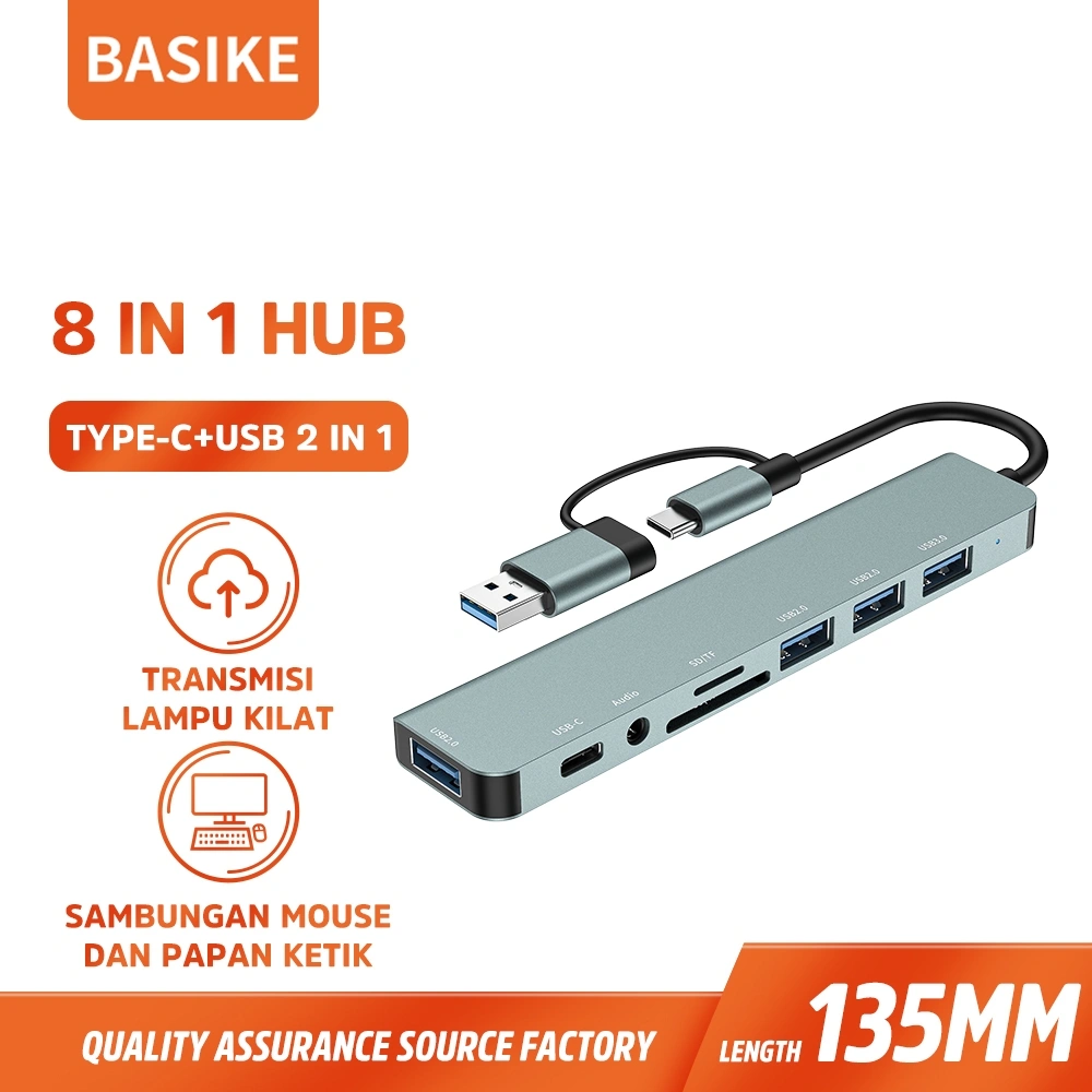 (HOT)BASIKE USB HUB 3.0 Card Reader 8 in 2 USB Type C 5Gbps High Speed Stasiun Dok Bisa TF SD Card