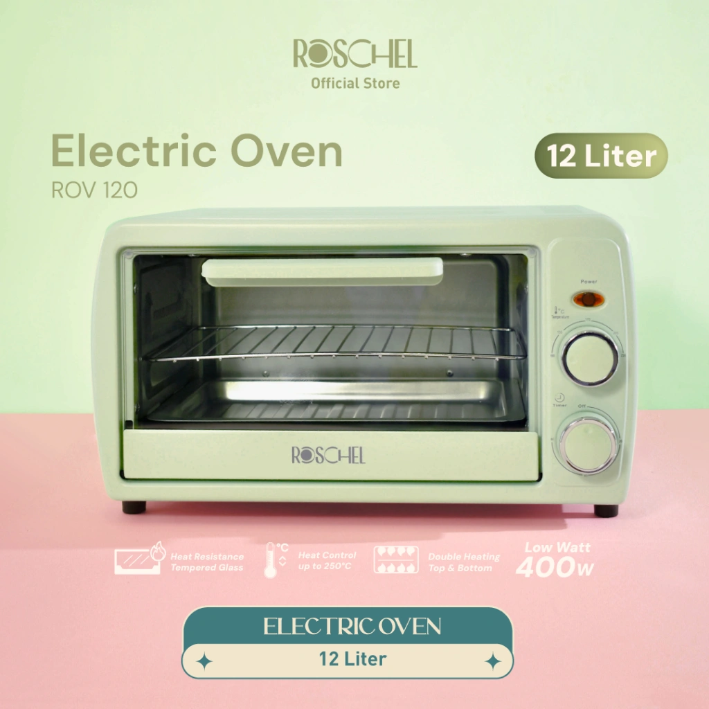 Roschel Electric Oven Low Watt 400 W Kapasitas 12 L Hemat Listrik Pemanas Ganda Atas Bawah Stainless Steel Pemanggang Kue Makanan Toaster 2 Tingkat Multifungsi ROV-120 / ROV 120 / ROV120 (Garansi 1 Tahun)