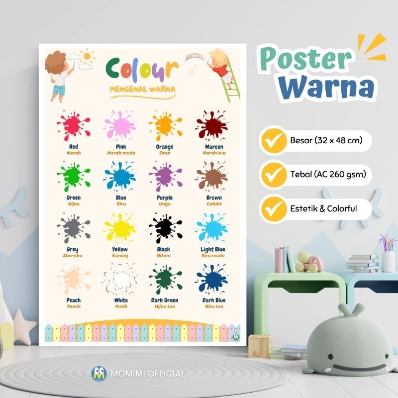 Poster Edukasi WARNA Bilingual Bahasa Inggris-Indonesia Poster Belajar Anak Mengenal Warna
