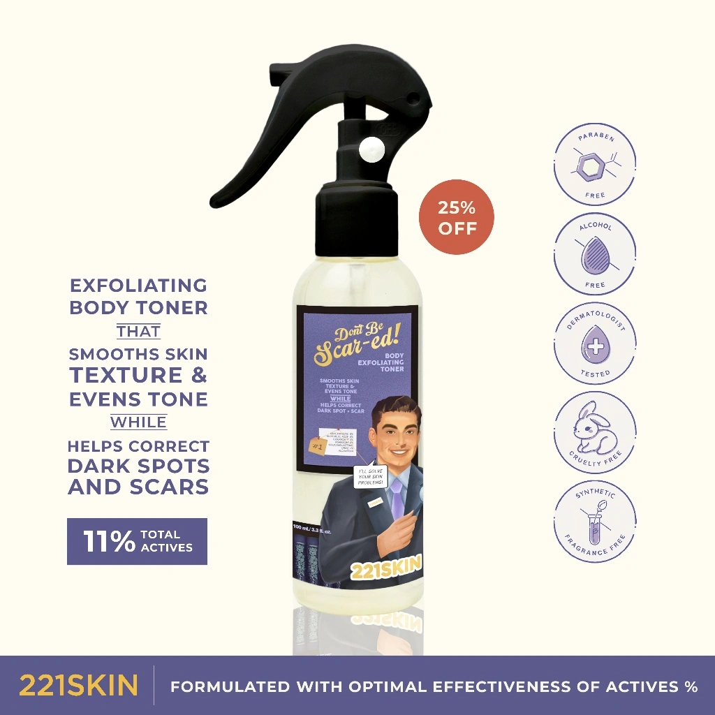 221SKIN Body Exfoliating Spray + 11% Actives For Dark Spot & Scars 100ML / Exfoliate Penghilang Bekas Luka Hitam / Exfo Bekas Jerawat / Chicken Skin / Keratosis Pilaris / Memudarkan Koreng Gigitan Nyamuk / Scrub / AHA BHA Body Seru