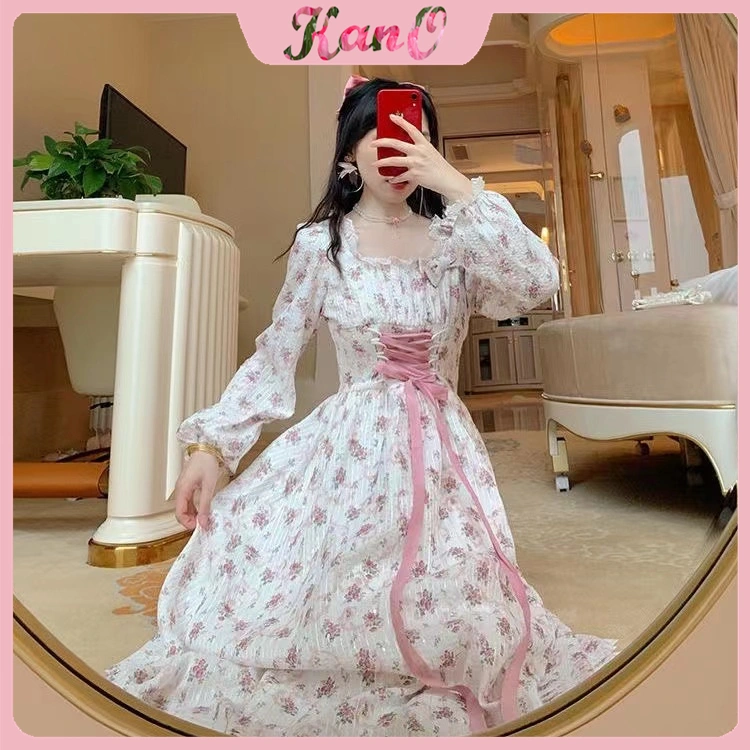 KANO Floral Long Dress Musim Panas Dress Tali Pinggang Rok Bunga Cute Dress Vintage Korea
