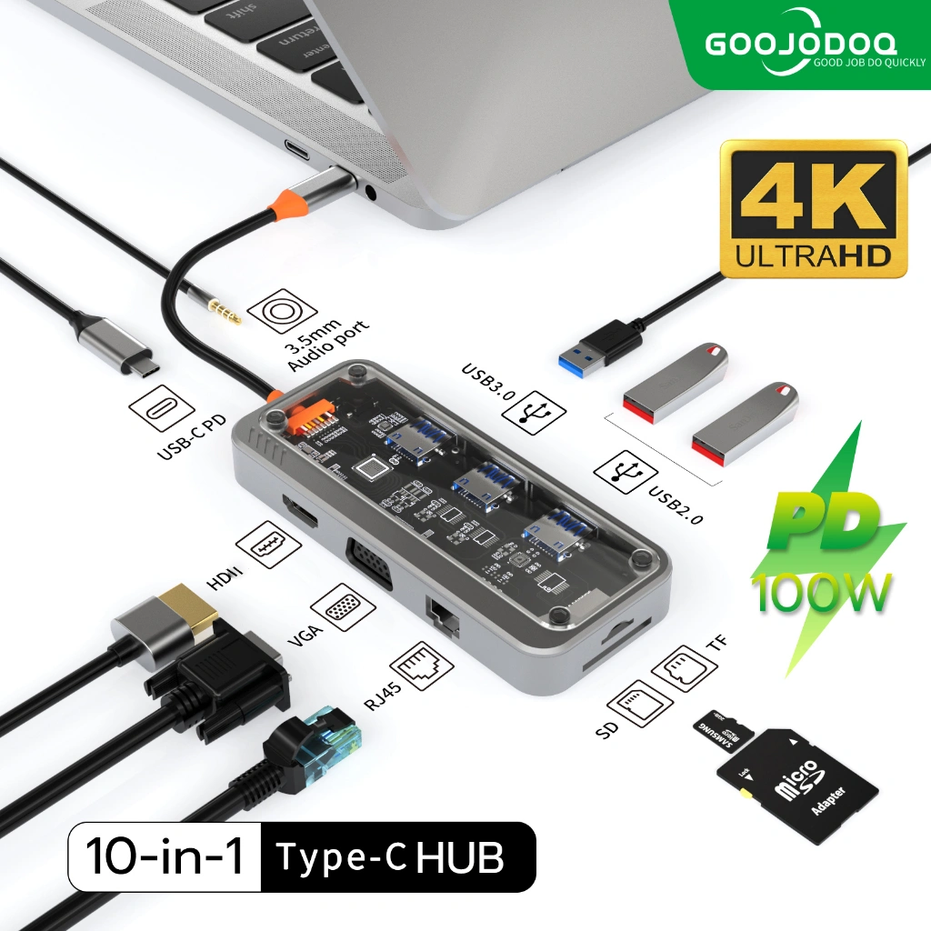 Goojodoq 10 In 1 Type-C Transparent HUB Laptop Docking Station untuk Dell HP For MacBook Pro Tipe C Dock HD PD 3.0 USB RJ45 VGA PD AUX TF/SD Card Reader