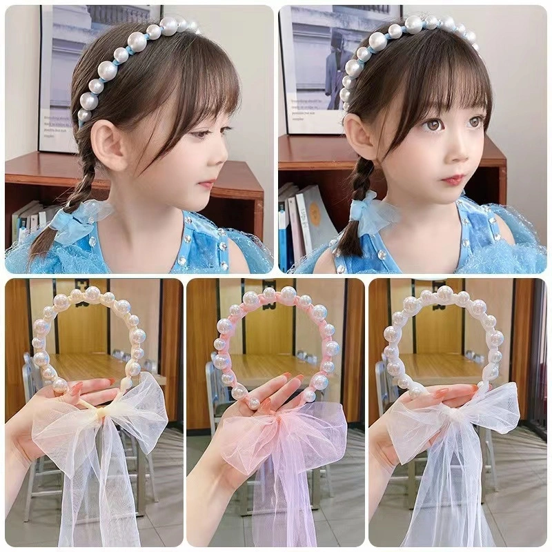 Bandana Bando Mutiara Pita Tulle Panjang RIK B11 Bisa diikat Gaya Korea Bando Anak Import