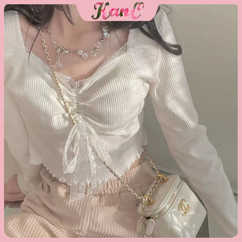 KANO Atasan Crop Wanita Elegan Blous Long Sleeve Top Bahan Renda Kemeja Putih Wanita U Neck Korean Style