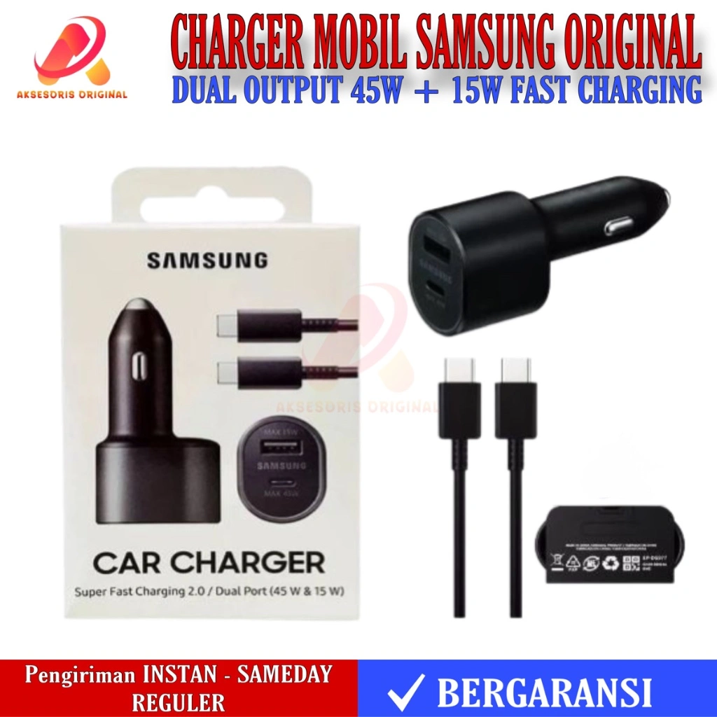 Car Charger Mobil Samsung 45W Type C + 15W USB-A Super Fast Charging Dual Output Original
