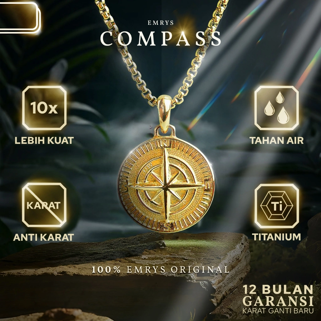 BUY 1 FREE 2 GIFT Emrys Liontin Set COMPASS Kalung Liontin Titanium Anti Karat Pria Wanita