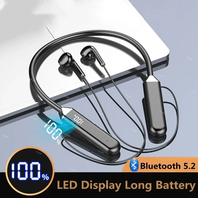 Wireless Earphones 5.2 Neckband Headphones Gaming LED Display Stereo Sports Headset Magnetic Earbuds