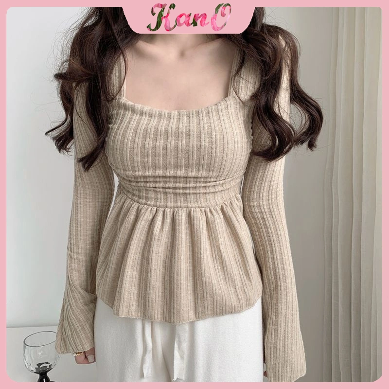 KANO Red Gaya keinginan murni hot girl square collar long-sleeve t-shirt wanita musim gugur dan musim dingin terompet lengan bottoming shirt dengan slim fit slim belly cover top