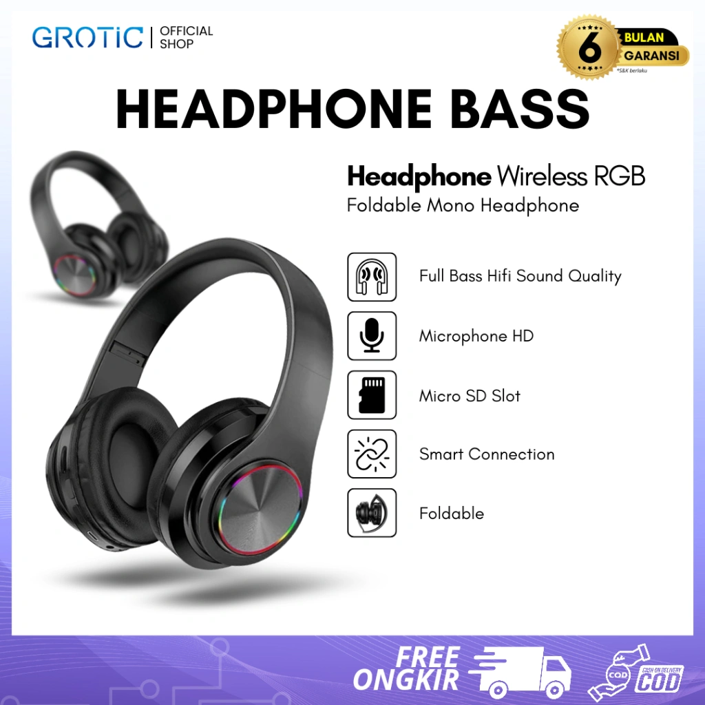 GROTIC Headphone Bluetooth Bass Mono RGB Foldable B39
