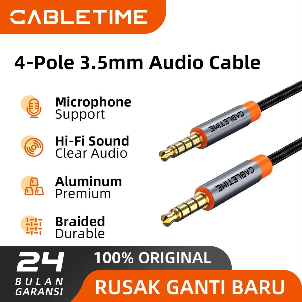 CABLETIME Kabel Audio Jack Aux 3.5mm Stereo Hi-Fi Braided