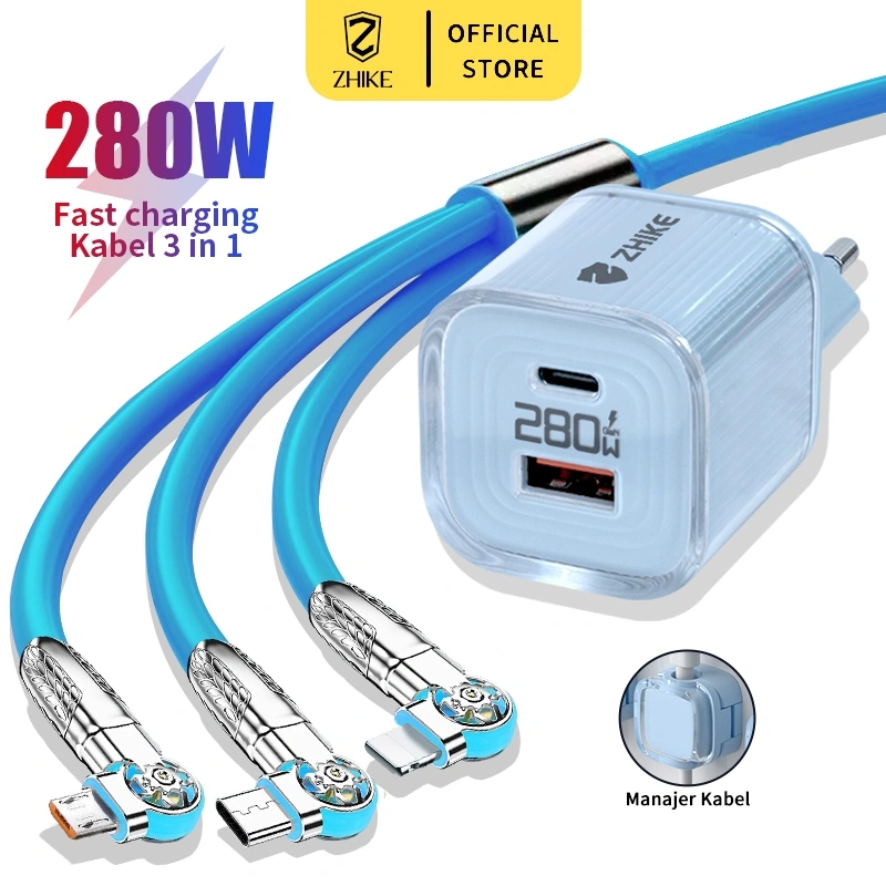 ZHIKE Kabel Data Fast Charging 3 in 1 HP Kabel Casan 3-in-1 Tipe C USB dengan Adapter 240W 1.2M Mendukung 6A Type C Kepala Charger Fast Charger Untuk Infinix Samsung Realme Xiaomi OPPO VIVO