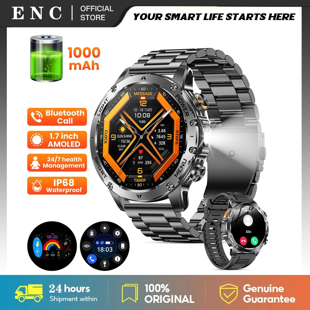 ENC Military Smart Watch for Men, 1,7" HD Touch Screen 1000mAh Large Battery Fitness Watch with Flashlight/Heart Rate Fitness Tracker for iPhone & Android Black Steel Strip