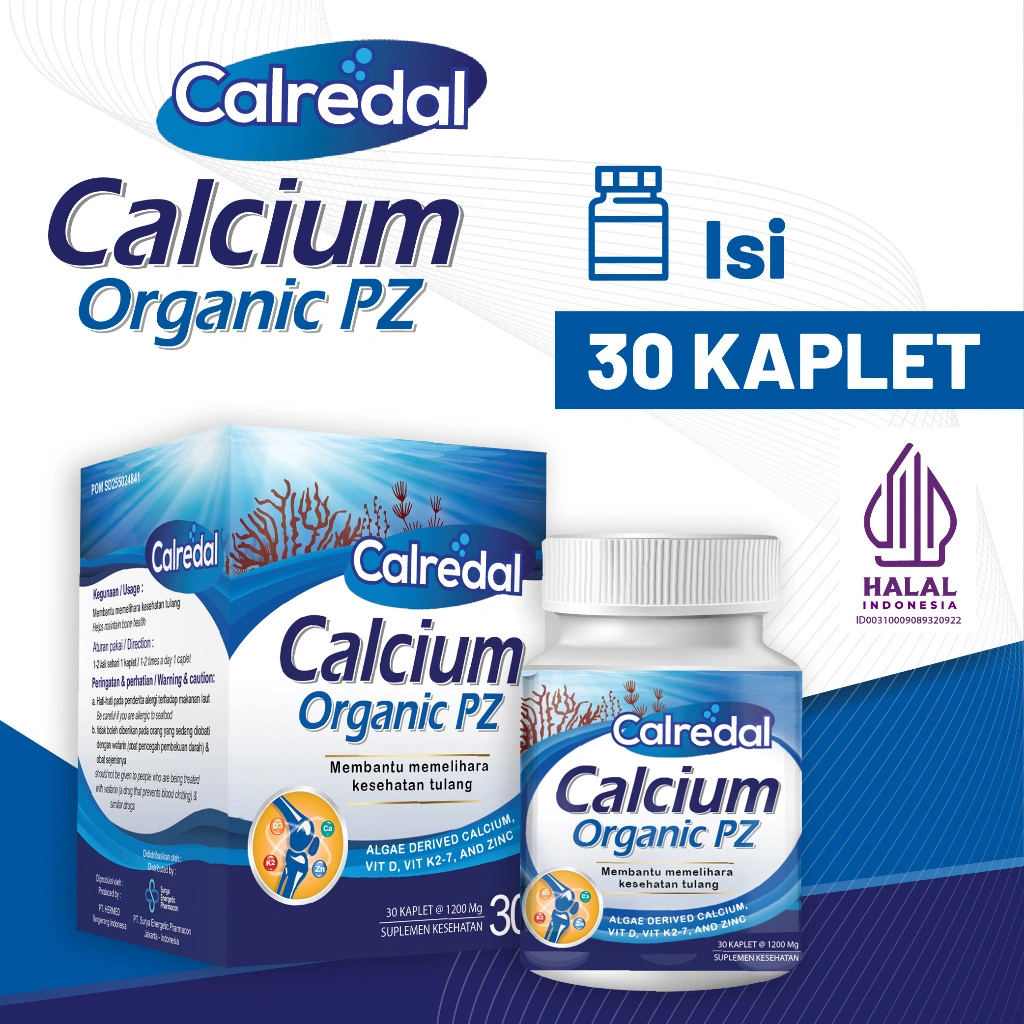 Indopharmacy- Suplemen Tulang Calredal Calcium Organic PZ 30 kaplet - Kalsium Organik bersumber dari Red Algae (Gangang Merah) - Membantu membangun tulang kuat, dilengkapi dengan Vit D3 dan K2 serta ZInc
