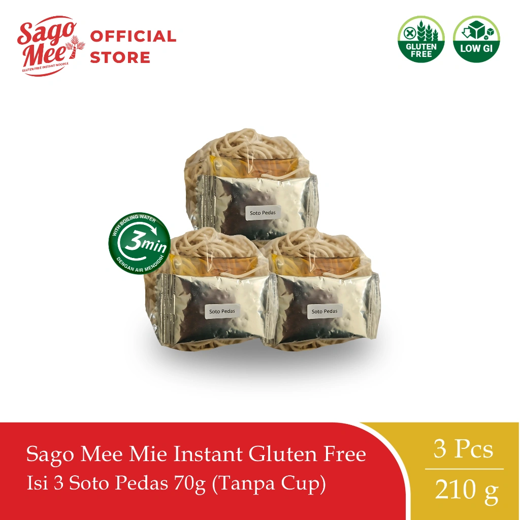 Sago Mee Gluten Free Mie Instan Cup Kuah Rasa Soto Pedas 70g Triple Pack (Tanpa Cup)