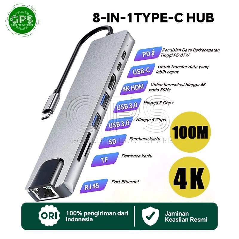 Stasiun Docking Tipe-C 8-in-1 3.0 USB Hub Gigabit Ethernet HDMI Multi-Port Splitter Pembagi Multi-Port Smart Drive Bebas Plug & Play Pembaca Kartu USB Flash Drive Eksternal yang Kompatibel dengan IOS / Android