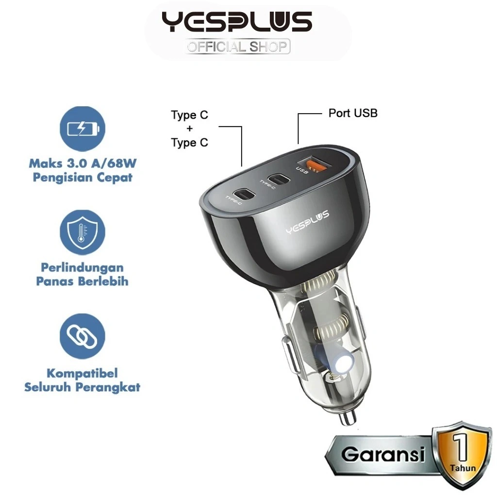 Car Charger YESPLUS YS-1209 New Saver PD QC Car Charger USB Port + Type-C 3.0A 68W Fast Car Charger