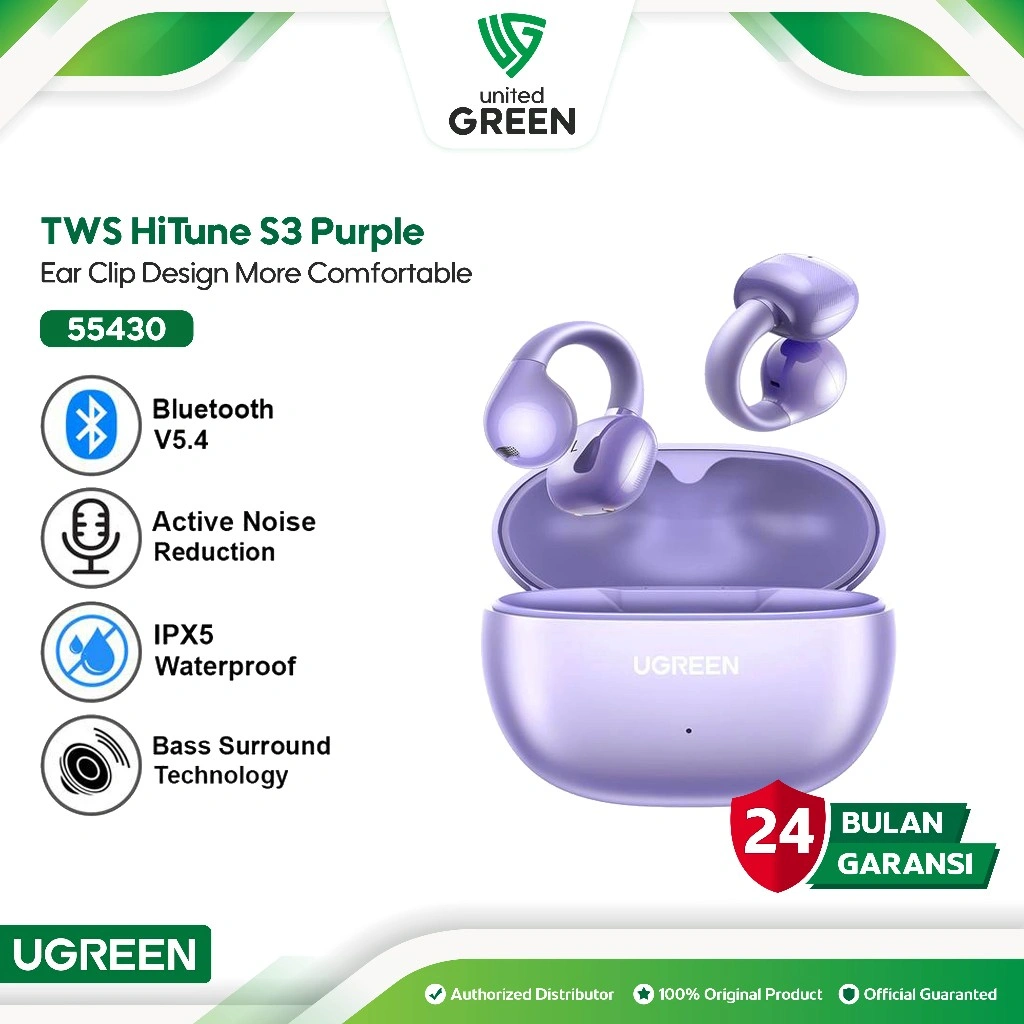 UGREEN 55430 TWS Sports HiTune S3 ANC Open Ear Clip Purple Ungu IPX5 Waterproof Earphone Wireless Bluetooth 5.4 Earbuds Headset Active Noise Canceling True Wireless Sound Water Proof Anti Air Sports Gym Running Lari Olahraga