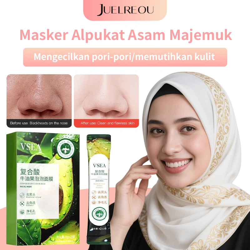 ⭐JUELREOU⭐ 4g*12 bungkus Avocado Masker gelembung alpukat asam majemuk/Pembersihan mendalam, penghilang komedo, jerawat, pelembab, peremajaan kulit, masker pembersih pori-pori/Complex Bubble Sleeping Mask Deep Cleansing