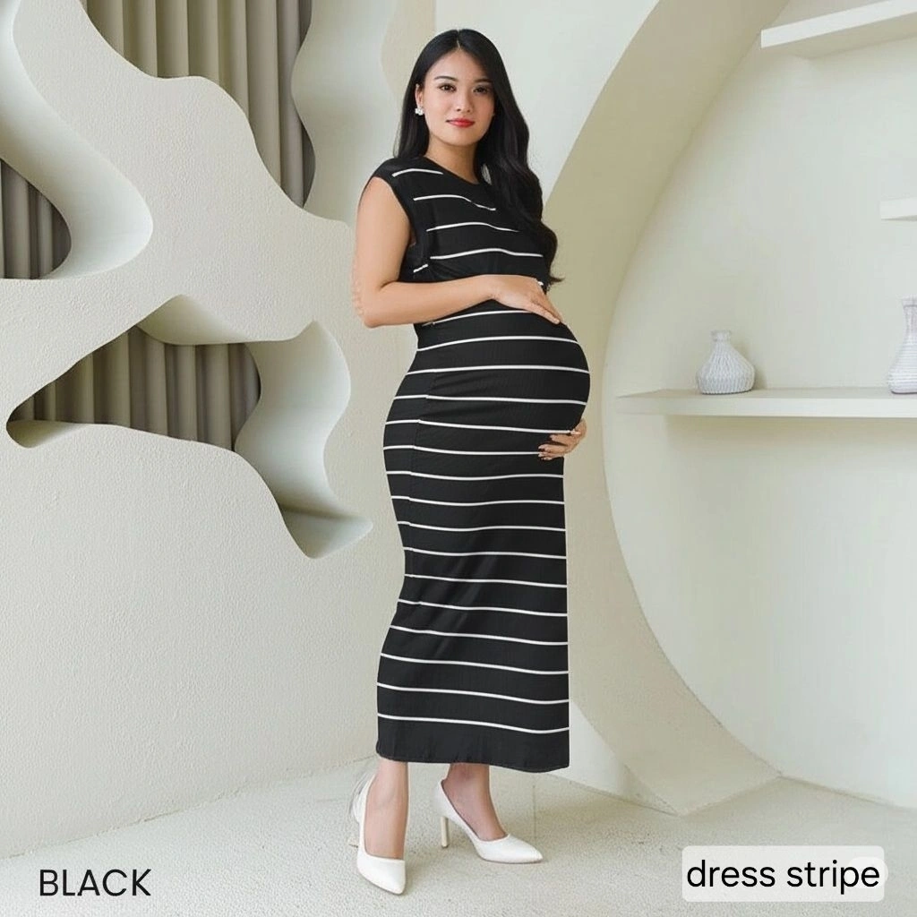 Dress Bumil Korean Style Bentuk Boddy Tanpa Lengan Motip Polos&Stripe