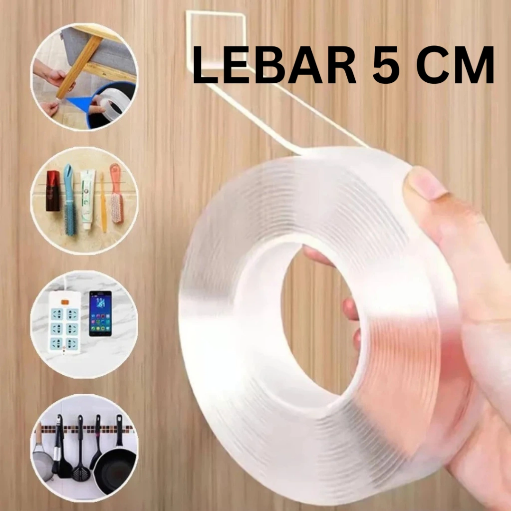 Double Tape Bening Lebar 5 CM Premium Nano Tape / Isolasi Nano Bening / 2 Sisi Kuat