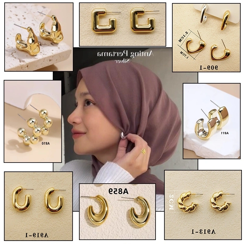 Anting Hijab Jepit Klip Setengah Bulat Dari 925 Titanium Perak Sederhana