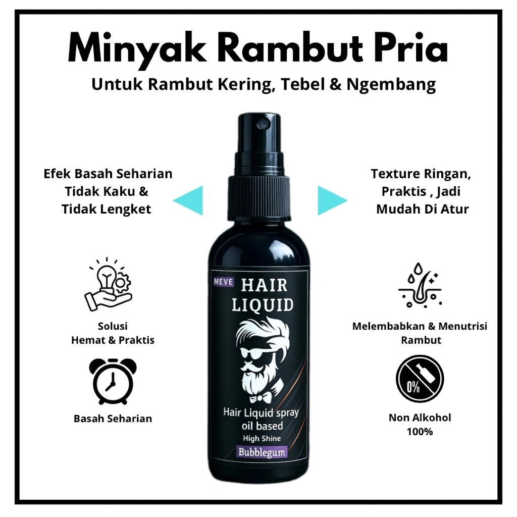 Minyak Rambut Spray Pria MEV’E – Bubblegum Series Hair Liquid Oil Based | Pomade Spray Pria | Pomade Cair Praktis Kilau Tinggi, Kilap Tinggi, Wangi Maskulin, Tahan Seharian