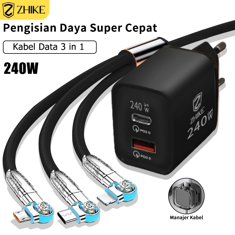 ZHIKE Kabel Data 3 in 1 Fast Charging HP Kabel Casan 3in1 Tipe C Micro USB dengan Adapter 240W 1.2M Rotasi 180° Mendukung 6A Type C Kepala Charger Fast Charger Untuk Infinix Samsung Realme Xiaomi OPPO VIVO