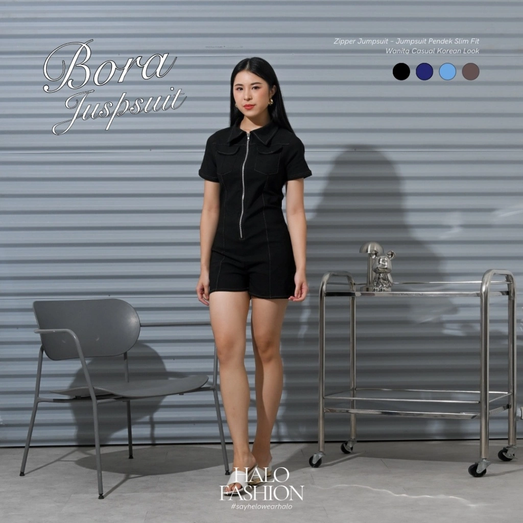 [Halofashion] Bora Zipper Jumpsuit – Jumpsuit Pendek Slim Fit Wanita Casual Korean Look