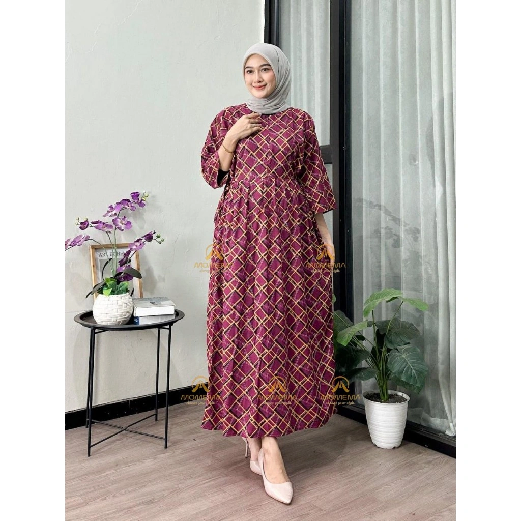 Dress Midi Motif Garis Rayon Motif Kekinian Busui Friendly Tali Kanan & Kiiri Momema Fashion