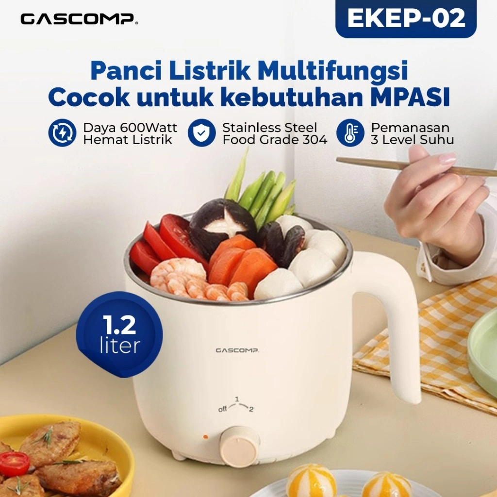 GASCOMP Panci Listrik Serbaguna EKEP-02 | Cocok Anak Kos, MPASI Traveling, Dapur Kecil, Low Watt 600W, Masak Mie, Sup, Tumis, Anti Jegleg