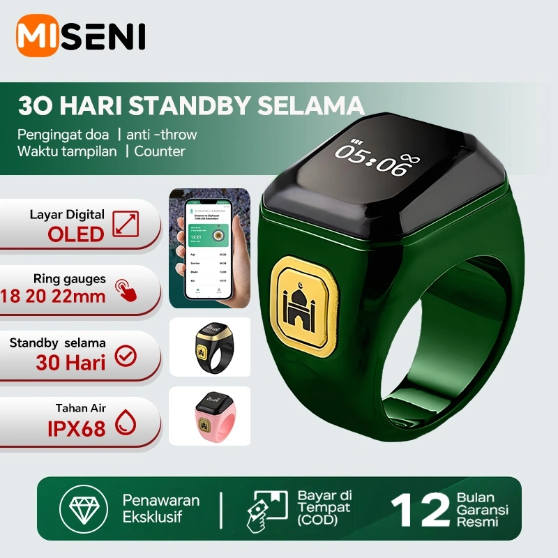 MISENI Muslim Zikr Ring Tasbih Digital Cincin OLED Display Smart Ring Bluetooth,App control,Multi-Fungsi Pengingat doa,anti -throw,Waktu tampilan,Digital Counter