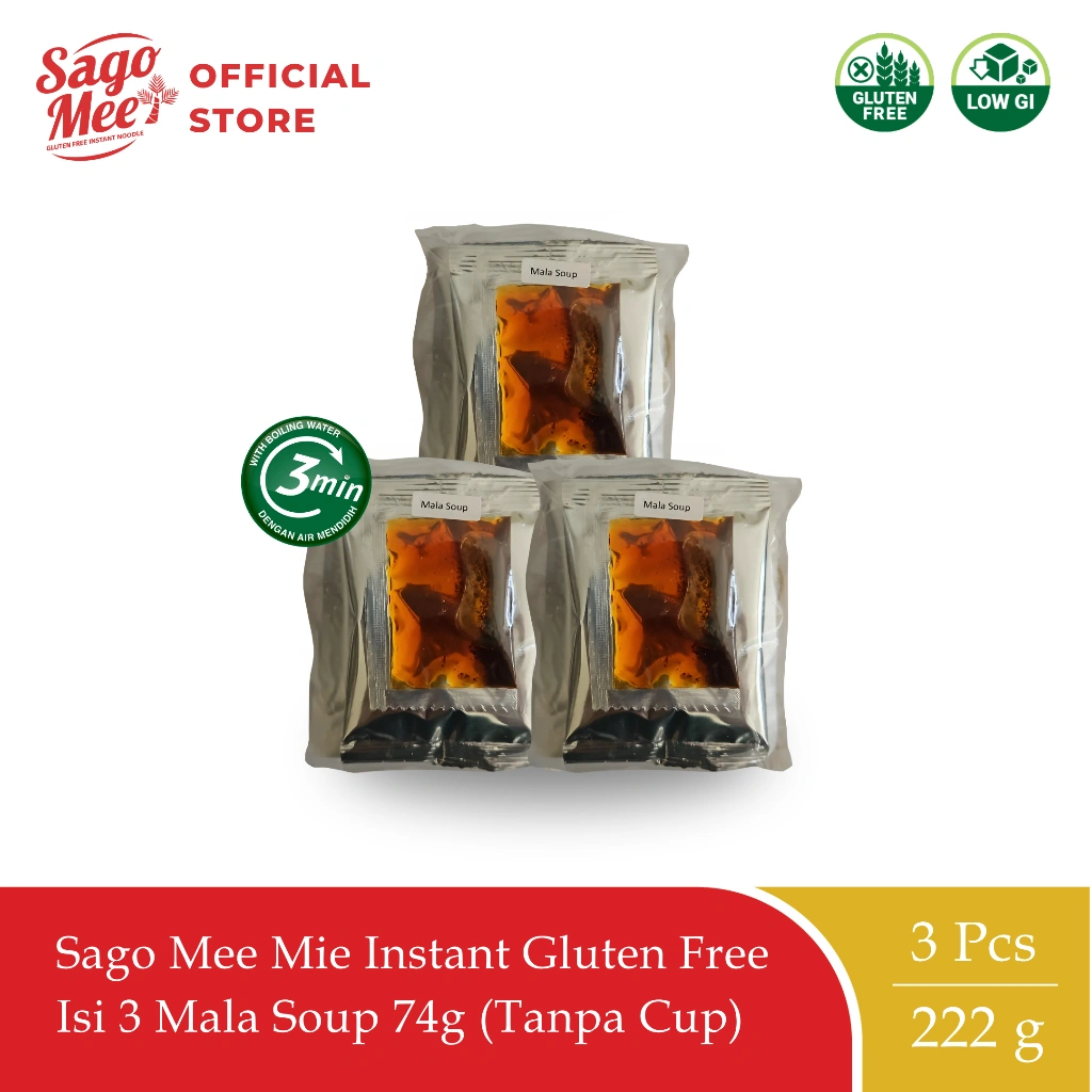 Sago Mee Gluten Free Mie Instan Cup Kuah No MSG Rasa Mala Soup 74g Triple Pack (Tanpa Cup)