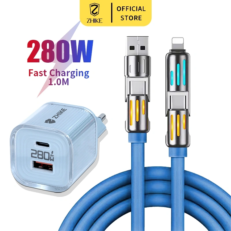 ZHIKE Kabel Data 4 IN 1 PD Fast Charging dengan 280W Adaptor for USB-A to Type-C/IP Type-C to Type-C/IP Antarmuka Paduan Seng 1M 5A Pengisi Cepat Cable Charger Cahaya Pernapasan Gradien HP Untuk Android XIAOMI VIVO OPPO HUAWEI
