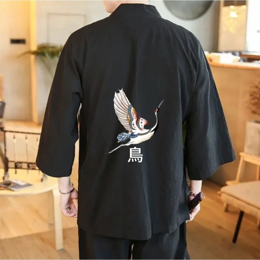 baju piyama kimono pria Japan steel gambar burung bangau bahan linen kualitas premium