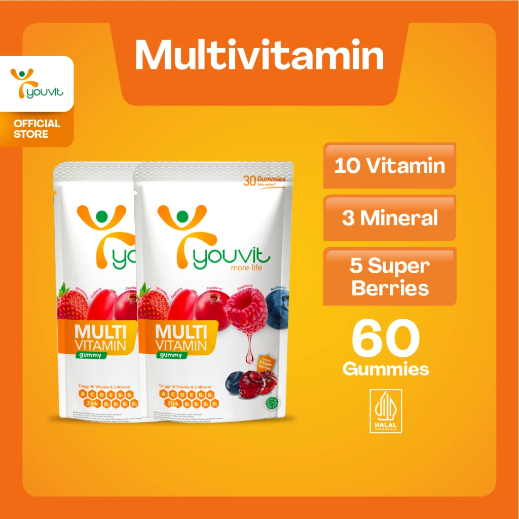 Multivitamin Gummy Dewasa untuk Imunitas | Youvit Multivitamin Dewasa 60 Hari dengan Vitamin C, Vitamin  D, Zink & Superberries